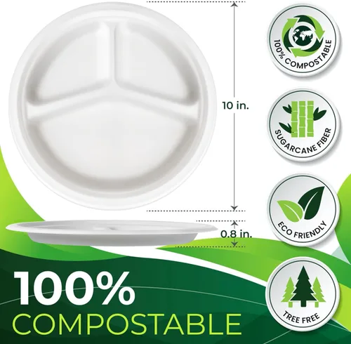 Miniatura 2 de 150 piezas 100% compostables platos de papel de 10 pulgadas, platos de fibra de caña de azúcar resistentes desechables ecológicos biodegradables