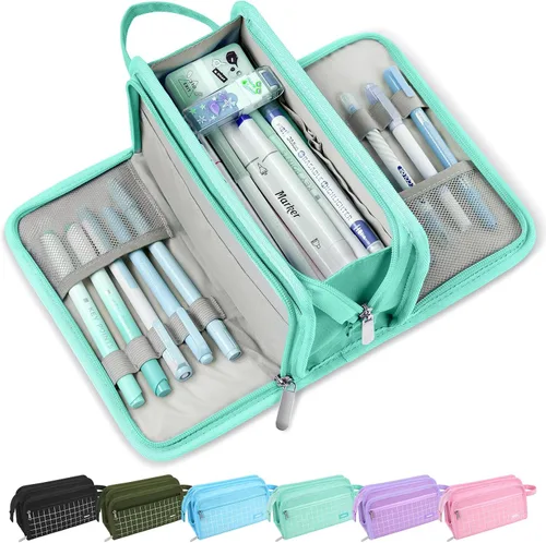 Miniatura 10 de Sooez Estuche grande para lápices, bolsa para lápices de gran capacidad con 3 compartimentos, organizador portátil de artículos de papelería de lona