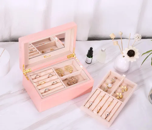 Miniatura 8 de Voova Joyero organizador de madera para mujeres adolescentes y niñas estuche de joyería de pintura de piano de lujo con espejo cajas