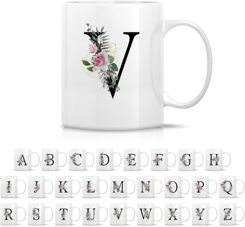 Miniatura 24 de Retreez Ramo botánico floral inicial A-Z con monograma, taza con monograma de cerámica de 11 onzas, regalo de agradecimiento de agradecimiento