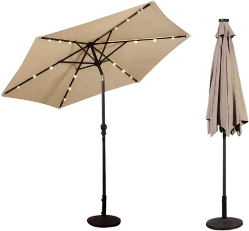 HAPPYGRILL Paraguas de patio con luces solares, sombrilla de mesa al aire libre con manivela inclinable para mercado, jardín, patio, piscina Beige