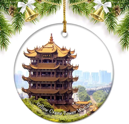China Yellow Crane Tower Wuhan Adornos de Navidad para árbol Colgante de cerámica Decoración de ornamento de doble cara Regalos de Navidad Recuerdos