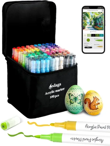 YHC Bolígrafos de pintura acrílica de 100 colores con aplicación gratuita, marcadores de pintura acrílica de doble punta con punta de pincel y punta