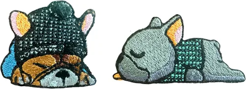 TH - Juego de 2 minúsculos, bulldog francés, cachorro, mascota, perro, lindo logotipo de dibujos animados, 14 parches, coser para planchar en