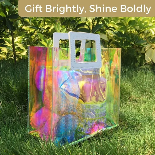 Miniatura 2 de VUOJUR 2 bolsas de regalo pequeñas holográficas de 8.3 x 8 x 4 pulgadas, transparentes, reutilizables, bolsas de regalo de cumpleaños para mujeres