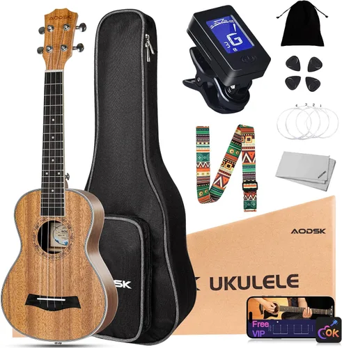 Miniatura 12 de AODSK Ukelele negro de concierto para principiantes de 23 pulgadas con correa para bolsa de concierto, cuerda de nailon, 4 púas, regalo de vacaciones