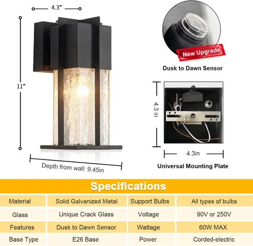 Miniatura 5 de Lámpara de pared del atardecer al amanecer, moderna iluminación de pared al aire libre con cristal agrietado, lámpara de montaje en pared exterior