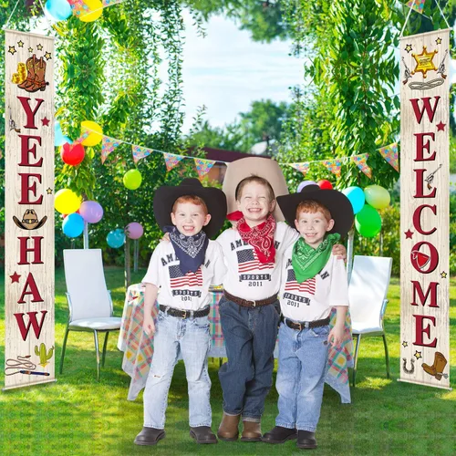 Miniatura 6 de Blulu Decoración de puerta de fiesta de vaquero occidental, decoración temática del salvaje oeste, cartel colgante de porche de bienvenida Yee Haw