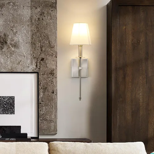 Miniatura 8 de PERMO Aplique de pared industrial rústico clásico con cable con pantalla textil blanca acampanada y soporte de columna cónico de níquel cepillado