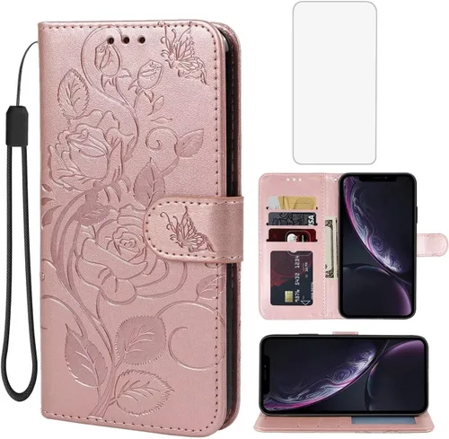Miniatura 9 de Funda para iPhone XR con protector de pantalla de vidrio templado, funda de cuero con diseño de flor para tarjeta de crédito con soporte para iPhone