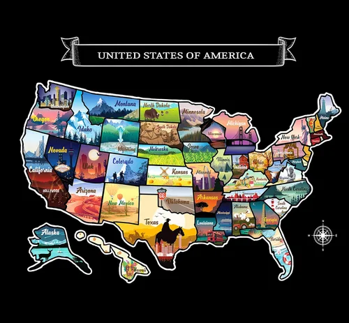 Mapa grande rascable de Estados Unidos de 23 x 16 pulgadas, diseño de viaje dibujado a mano con accesorios, laminado para decoración del hogar,