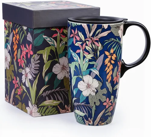 Miniatura 13 de Taza de Café de Cerámica de Porcelana con Tapa para Lata de Té 17oz. Azul y Verde, 2 Piezas