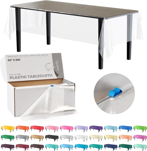 Miniatura 55 de Party Solids Rollo de Mantel de Mesa de Plástico Negro de 54 Pulgadas X 300 Pies en una Caja de Corte a Medida con Conveniente Cortador Deslizante.