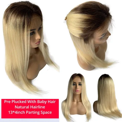 Miniatura 2 de 24 pulgadas de largo, peluca de encaje frontal, rubio miel, cabello humano real, liso, 150 % de densidad, cabello brasileño virgen, pelucas