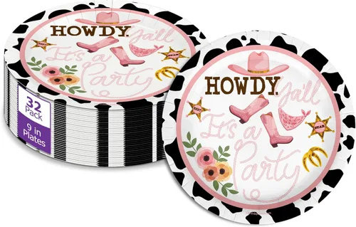 Birthday Galore Howdy Y'all - Platos de vaquera, 32 piezas, vajilla desechable redonda de 9 pulgadas con tema de diseño occidental, vajilla colorida