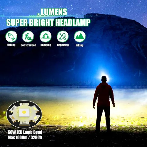 Miniatura 2 de Linterna recargable para cabeza, faro LED superbrillante con sensor de movimiento, linterna de cabeza con zoom de 5 modos, ajustable a 180°