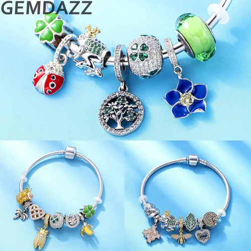 Miniatura 6 de GEMDAZZ Juego de dijes de insectos para pulsera de bricolaje, dije de mariquita roja y negra y colgante de trébol de 4 hojas de circonita cúbica