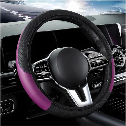 Miniatura 12 de DXNQ Funda para volante de automóvil, 15 pulgadas de fibra de carbono con costuras de piel, protector de volante de color, antideslizante, elástica