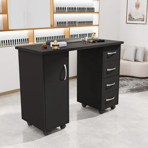 Miniatura 6 de OmySalon Mesa de Manicura con Gabinete, Cajones, Ruedas y Reposamuñecas, Estación de Trabajo de Madera para Salón de Spa y Belleza, Equipo de Arte