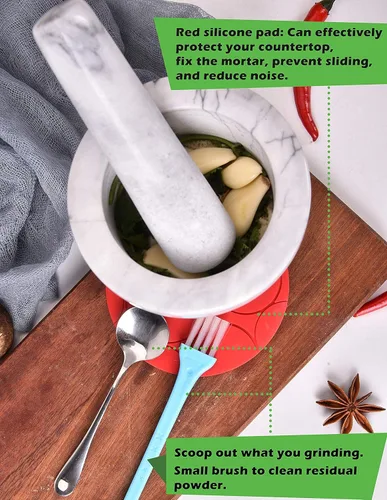 Miniatura 5 de Juego de mortero y mortero de mármol para especias, pastas de condimentos, pastas, cuenco de guacamole, molinillo de hierbas fácil de limpiar. Blanco