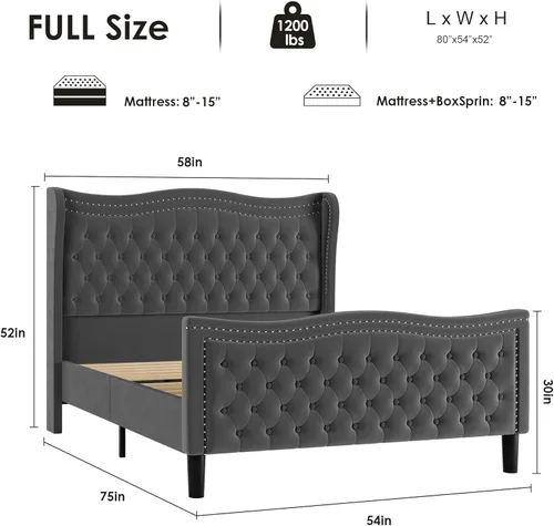 Miniatura 2 de Estructura de cama Full con cabecera y pie de cama altos, estructura de cama plataforma tapizada en terciopelo con respaldo tipo alas acolchado