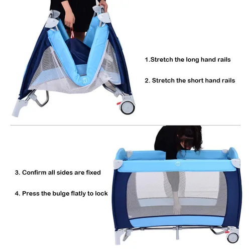 Miniatura 5 de HONEY JOY Empaca y juega con moisés, 4 en 1 portátil para bebé con cambiador, red y juguetes lindos, bolsa de almacenamiento de pañales, caja de Azul