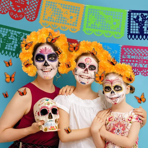 Miniatura 4 de 18 pancartas para fiesta del Día de los Muertos, Día de los Muertos, decoración del Día de los Muertos con 24 piezas de mariposa monarca, 3 flores
