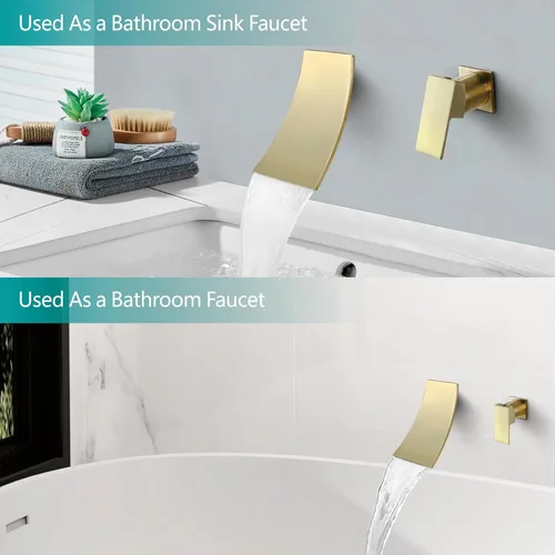 Miniatura 4 de SKOWLL Grifo de fregadero de baño de montaje en pared de una sola manija, juego de grifo moderno de cascada de oro cepillado, boquilla de cascada