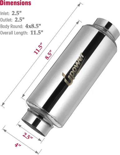 Miniatura 2 de Upower Resonador de escape de entrada y salida de 2.5 pulgadas, cuerpo de 4 x 8.5 pulgadas, silenciador de acero inoxidable recto con longitud total