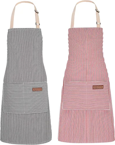 Miniatura 12 de Paquete de 2 delantales de cocina ajustables para mujeres y hombres con 2 bolsillos, delantales con peto de mezcla de algodón y poliéster