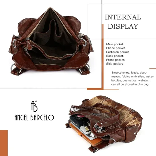 Miniatura 7 de Angel Barcelo - Bolsa de hombro amplia para mujer, diseño Hobo, cuero lavado