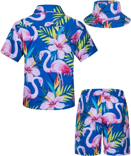 Miniatura 2 de TUNEVUSE Little & Big Boys - Conjunto de camisas hawaianas con botones y pantalones cortos con sombrero de pescador, trajes de verano estampados