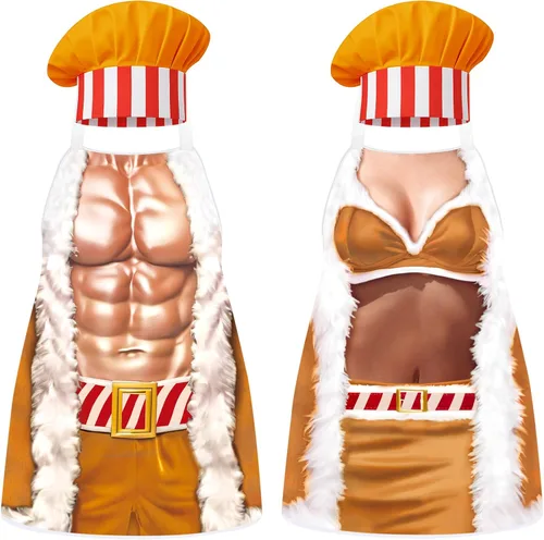Miniatura 8 de 4 Piezas de Delantales de Navidad con Sombreros para Mujeres y Hombres, Delantales de Cocina Ajustables Divertidos para Cocinar para BBQ y Fiesta