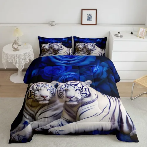 Miniatura 32 de Erosebridal Juego de ropa de cama de guepardo con rosa azul, juego de edredón con estampado de leopardo y gato, edredón romántico de plumón