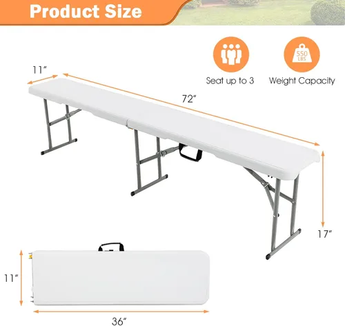 Miniatura 3 de Goplus Banco plegable de plástico de 6 pies, asiento plegable portátil con capacidad de 550 libras para interiores y exteriores, picnic, fiesta