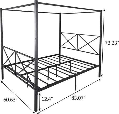 Miniatura 2 de Cama con dosel de metal, con plataforma de 4 postes de Coner con cabecera entrecruzada y estribo, tamaño Queen