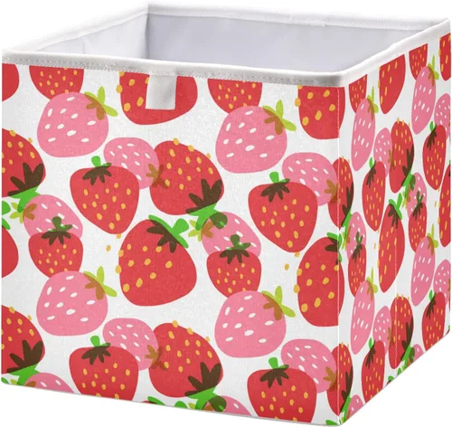 Blueangle Hermoso cubo de almacenamiento de fresa, 11 x 11 x 11 pulgadas, cesta organizadora grande plegable para decoración del hogar
