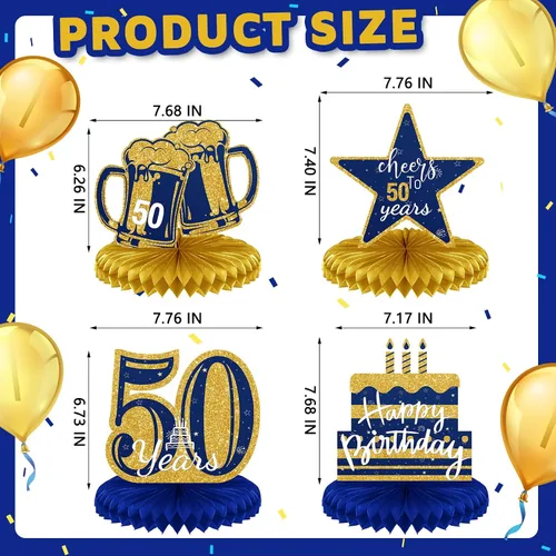 Miniatura 2 de Spakon 8 Piezas Decoraciones de Mesa Centros de Mesa de Panal con Purpurina Adornos de Mesa Decoraciones de Fiesta para Hombres y Mujeres Azul dorado