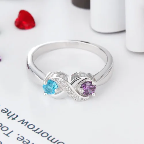 Miniatura 8 de Anillo personalizado para madres infinitas con 2 piedras natales redondas simuladas, anillos de compromiso para mujer