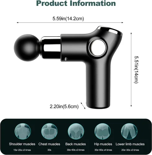 Miniatura 5 de Ergocar Potente pistola de masaje muscular tejido profundo, 6 velocidades masajeador de cuerpo eléctrico de mano con 4 cabezas súper silencioso Negro