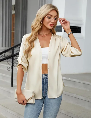 Miniatura 4 de Blooming Jelly Camisas con botones para mujer de manga 3/4, tops casuales elegantes, blusas de negocios de satén de seda plisado 2025