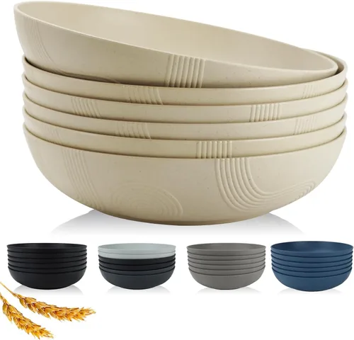 Juego de 6 cuencos grandes para pasta de 10 pulgadas - 65 oz, cuencos de paja de trigo, platos tipo cuenco, cuencos grandes de plástico