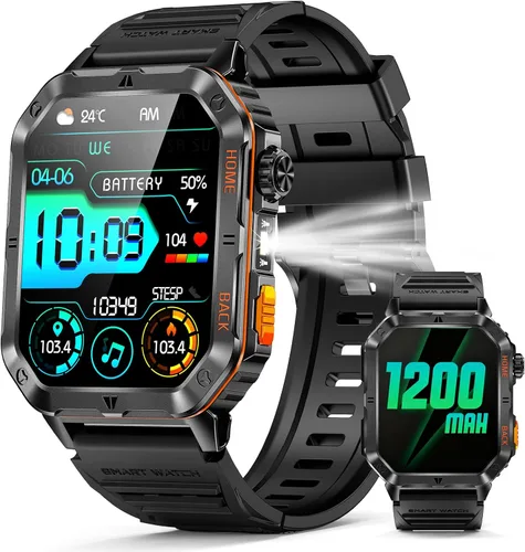 Military Smarty Watch for Men, 2.01" Smartwatch with 1200mAh Battery, Flashlight, Answer/Make Calls, Heart Rate/Sleep Monitor 100+ Sport Modes Steel