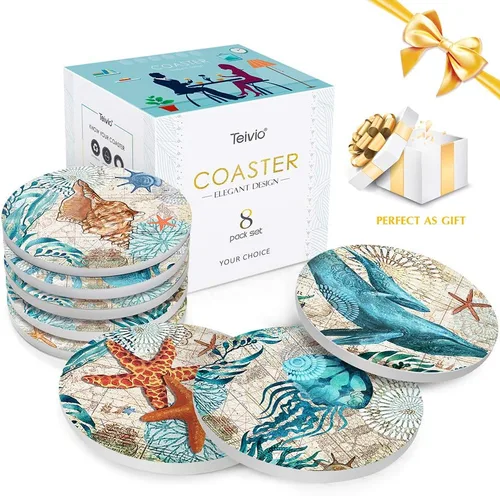 Miniatura 2 de Teivio Posavasos de piedra absorbente con temática de vida marina para bebidas, base de corcho con soporte, decoración costera con tema de playa