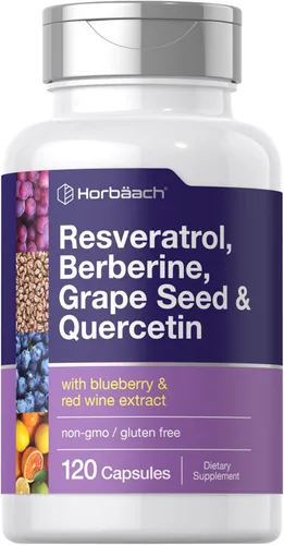 Horbäach Resveratrol Berberina Semilla de uva y Quercetina | con extracto de arándano y vino tinto | 120 cápsulas | Sin OMG, sin gluten y suplemento