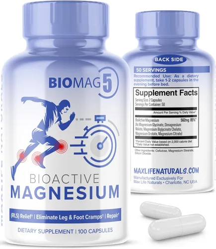 BioMag 5 Suplemento Complejo de Magnesio para Mujeres y Hombres, 100 Cápsulas - Formulado en Estados Unidos - BioActive y Biodisponibles Glicinato