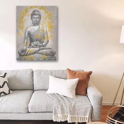 Miniatura 3 de Yidepot Lienzo decorativo de Buda para pared, lámina dorada: estatua zen con textura de flor de loto para budismo, decoración de pared, carteles