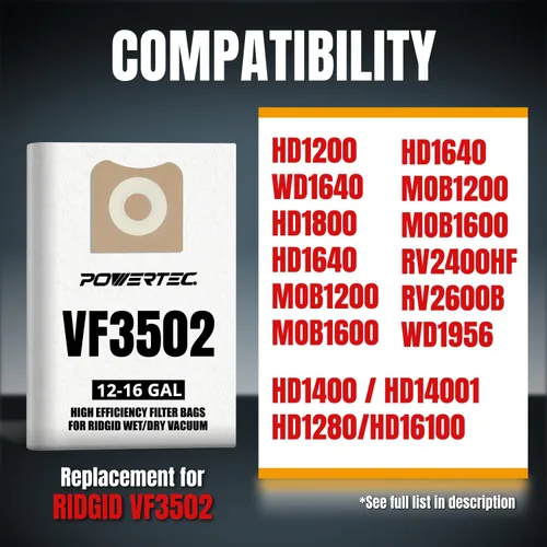 Miniatura 3 de POWERTEC 23743 VF3502 - Bolsas de aspiradora tamaño A para Ridgid, paquete de 10, 12-16 galones, bolsas de vacío para Ridgid HD1200, HD1400