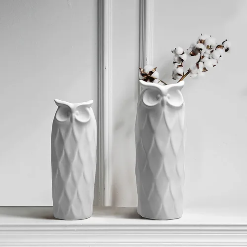 Miniatura 2 de Juego de 2 jarrones de cerámica con diseño de búho para sala de estar, dormitorio, 9.45'' y 8.27'', jarrones modernos blancos para plantas y flores