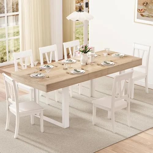 Miniatura 14 de Zevemomo Mesa de Comedor Expandible de 63"-78.7", Mesa de Cocina Estilo Granja para 6-10 Personas, Mesa de Comedor Rectangular Extensible, con Riel